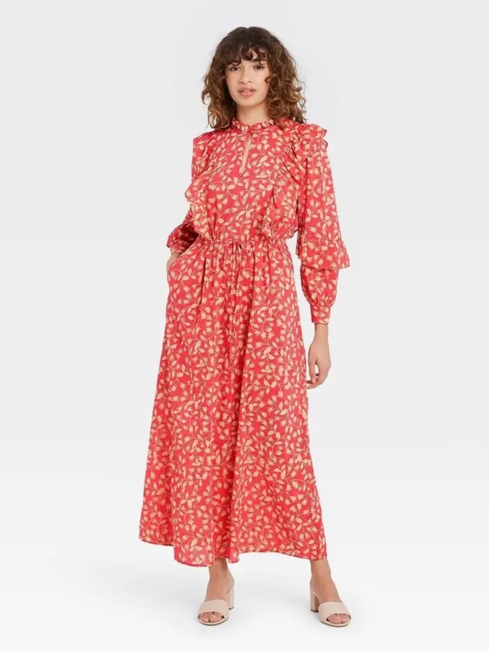 Who What Wear Floral Ruffle Maxi Dress Size L Coral Prairie Long Sleeve